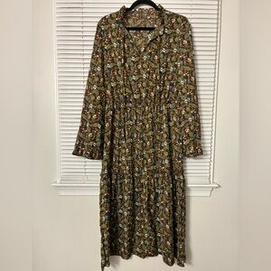 Floral Long Sleeve Midi Dress - Green Floral